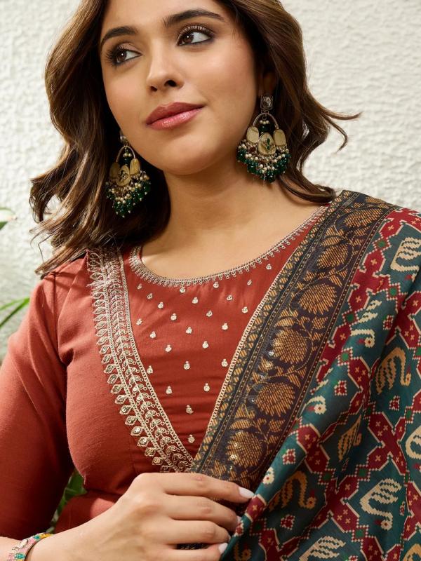 VP 9863 R Women's Rust Festive Flared Kurta Set with Traditional Print Dupatta